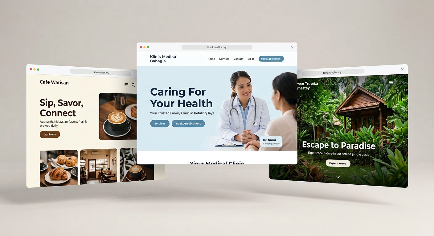 Tiga contoh rekaan website EZIGN: website klinik, website kafe dan website homestay paparan desktop