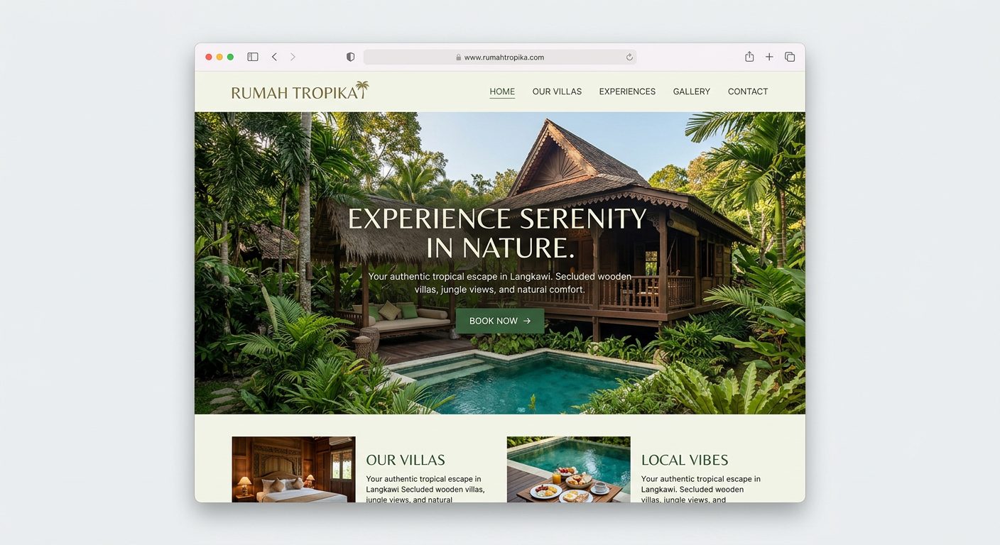 Contoh rekaan website homestay tropika dengan fotografi alam