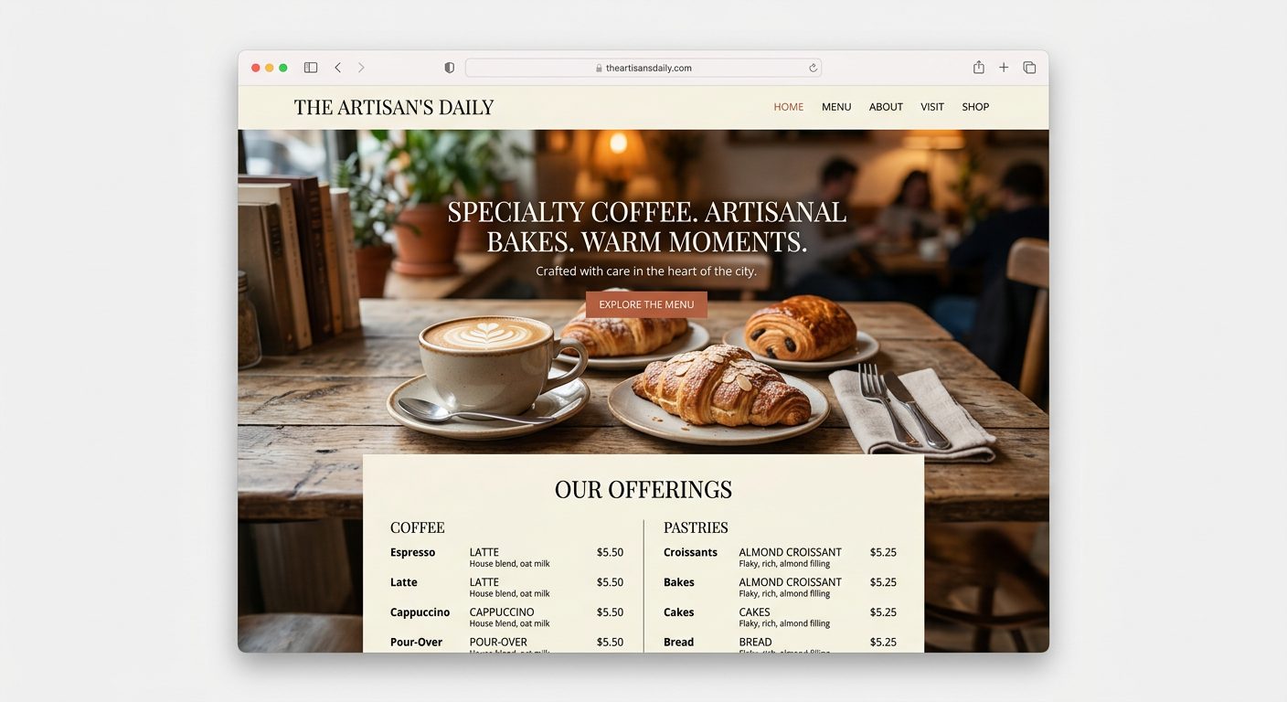 Contoh rekaan website kafe bergaya editorial dengan fotografi kopi