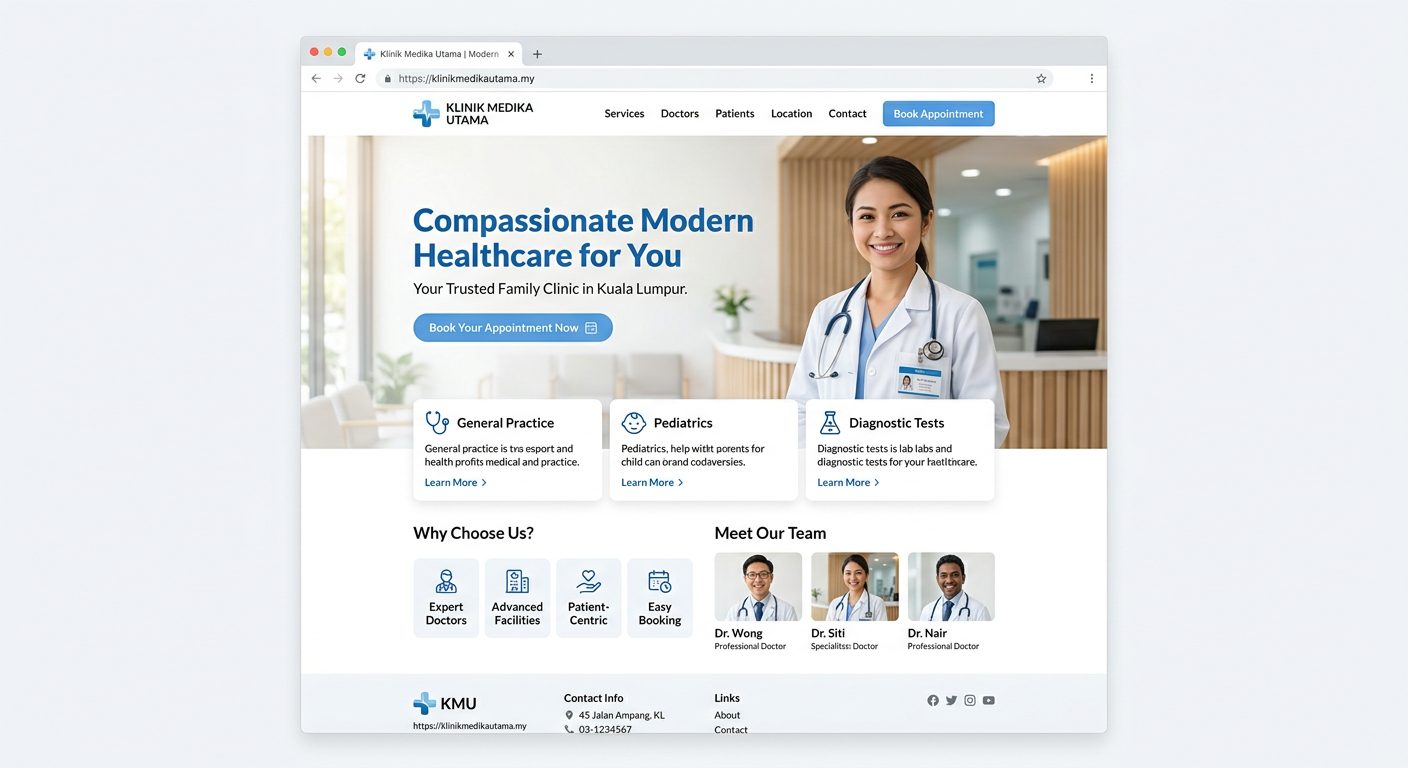Contoh rekaan website klinik moden dengan warna biru dan putih