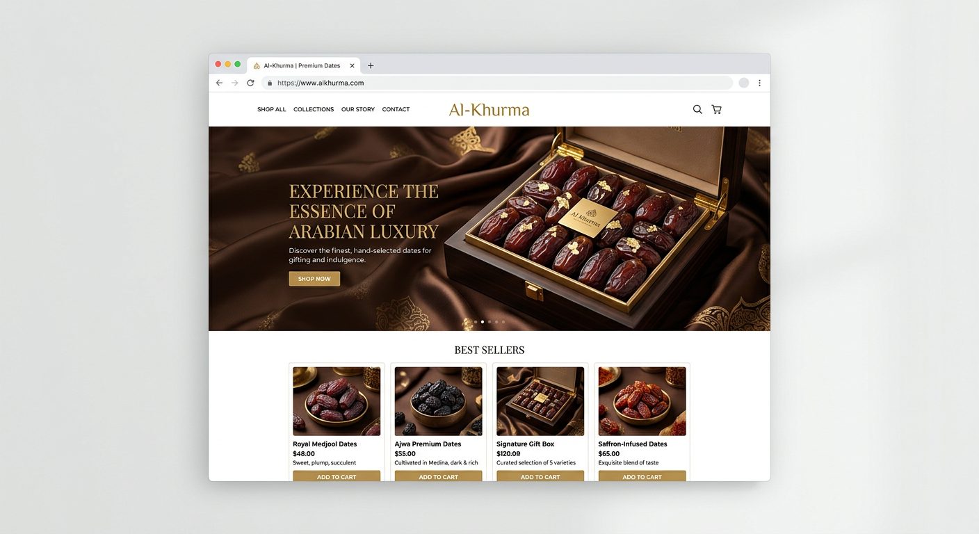 Contoh rekaan website produk kurma premium dengan warna coklat dan emas